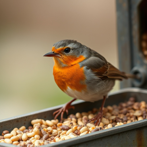 Close-up of robin near mealworm tray