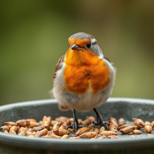 Close-up of robin near mealworm tray