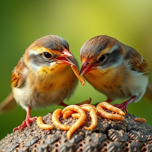 Close-up of wrens eating dried mealworms