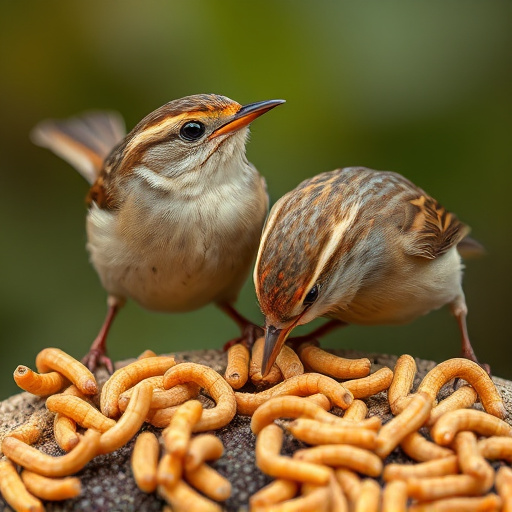 Close-up of wrens eating dried mealworms