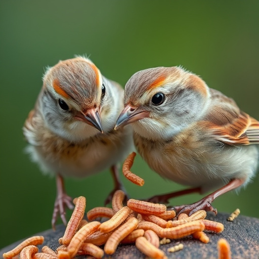 Close-up of wrens eating dried mealworms