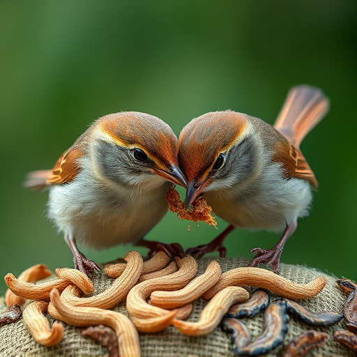 Close-up of wrens eating dried mealworms