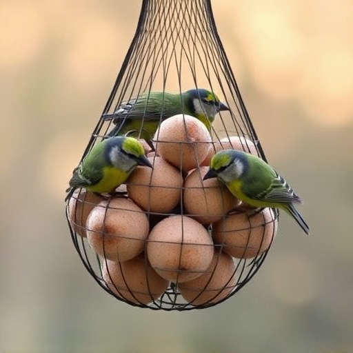 Fat balls in mesh feeder with tits