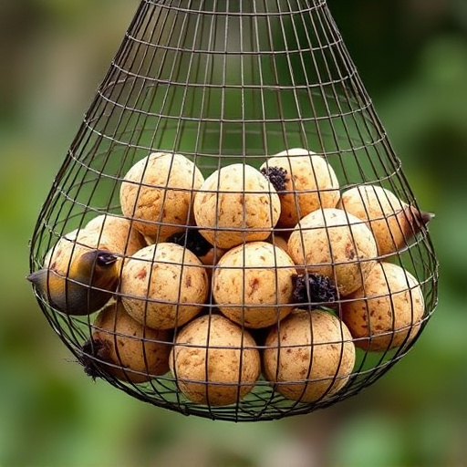 Fat balls in mesh feeder with tits