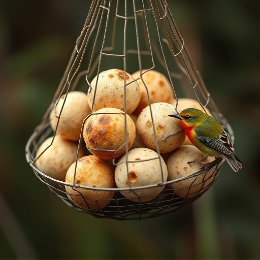 Fat balls in mesh feeder with tits