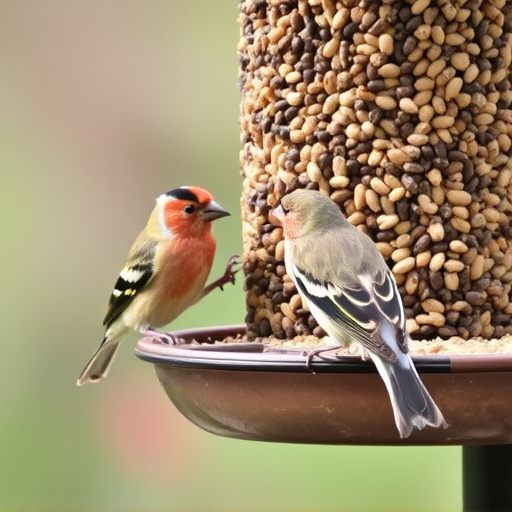 Finch eating from seed-filled feeder