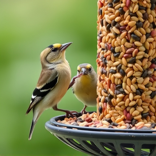 Finch eating from seed-filled feeder