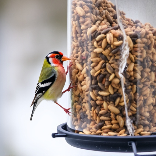 Finch eating from seed-filled feeder