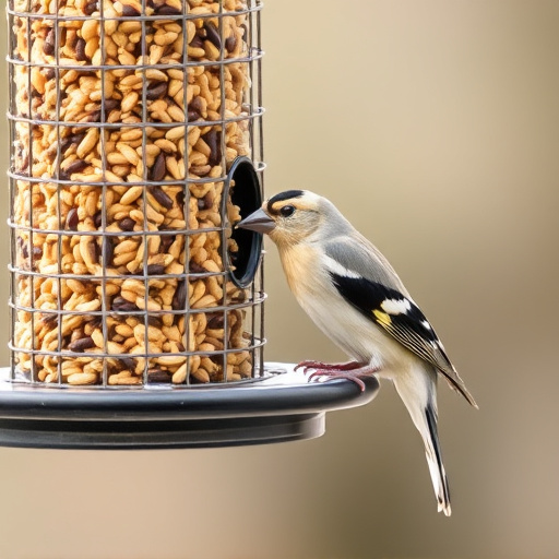 Finch eating from seed-filled feeder