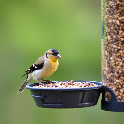 Finch eating from seed-filled feeder