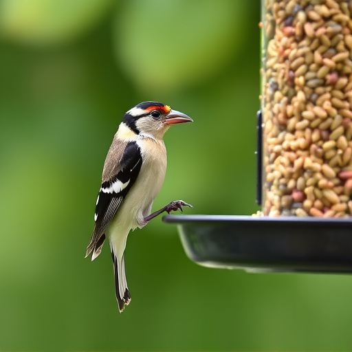 Finch eating from seed-filled feeder