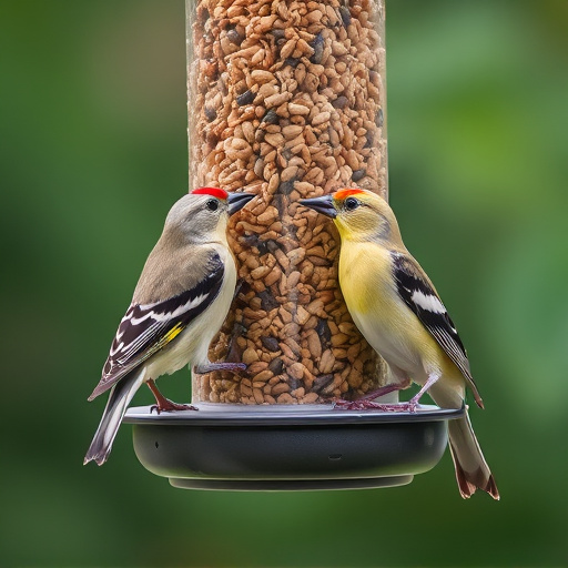 Finch eating from seed-filled feeder