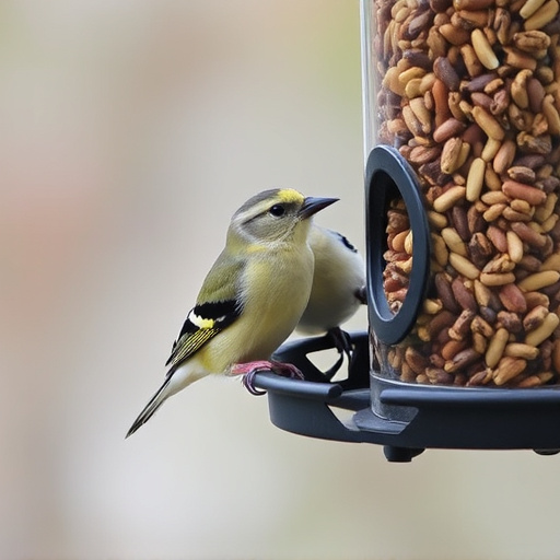 Finch eating from seed-filled feeder