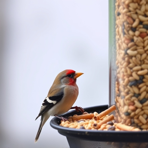 Finch eating from seed-filled feeder