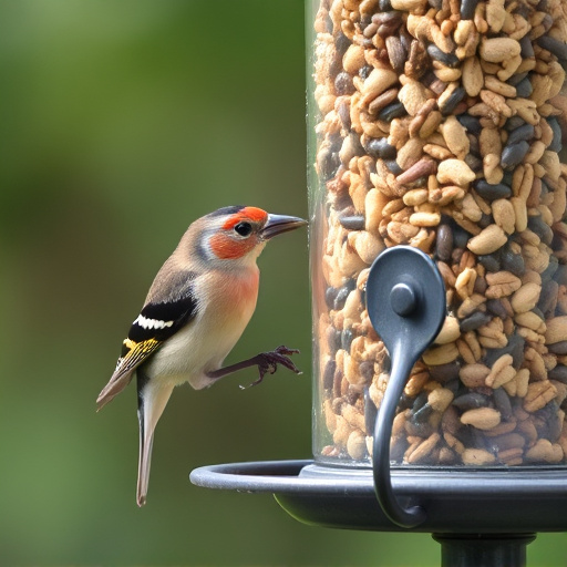 Finch eating from seed-filled feeder