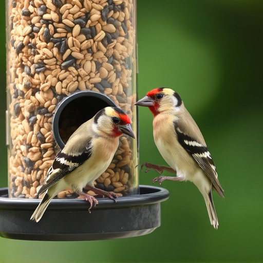 Finch eating from seed-filled feeder