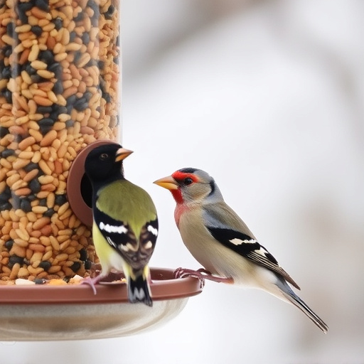 Finch eating from seed-filled feeder