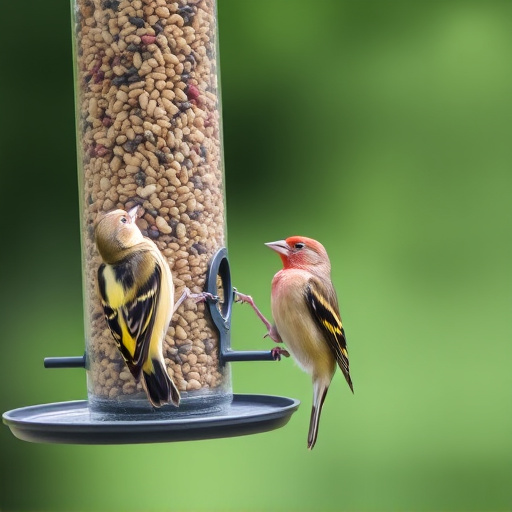 Finches eating from seed-filled feeder