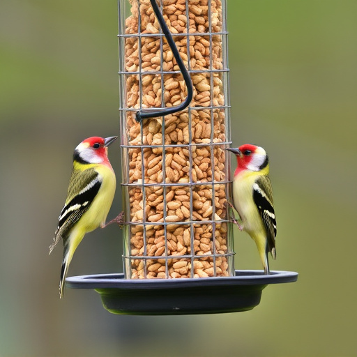 Finches eating from seed-filled feeder