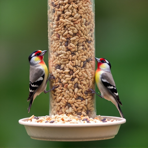 Finches eating from seed-filled feeder