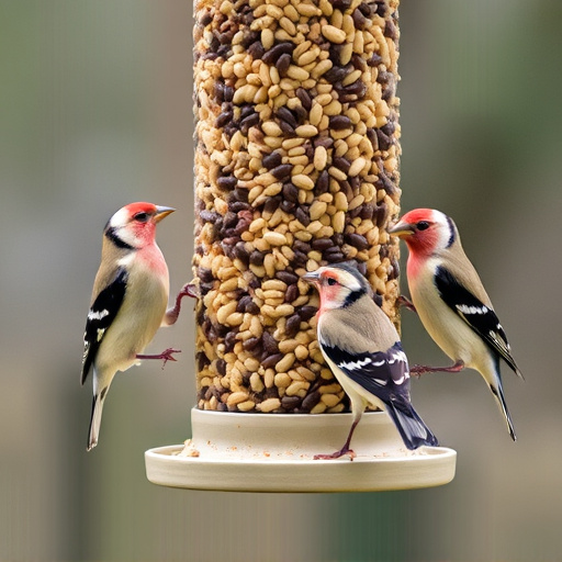 Finches eating from seed-filled feeder