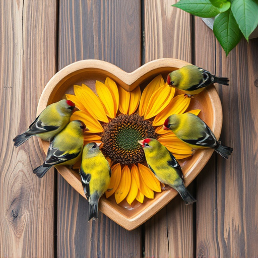 Finches gathered around sunflower heart dish