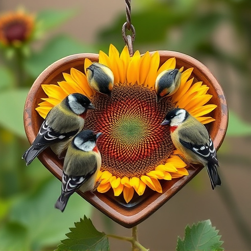 Finches gathered around sunflower heart dish