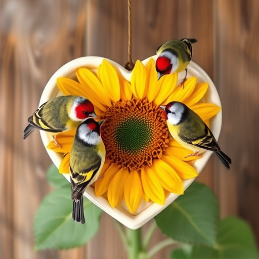 Finches gathered around sunflower heart dish
