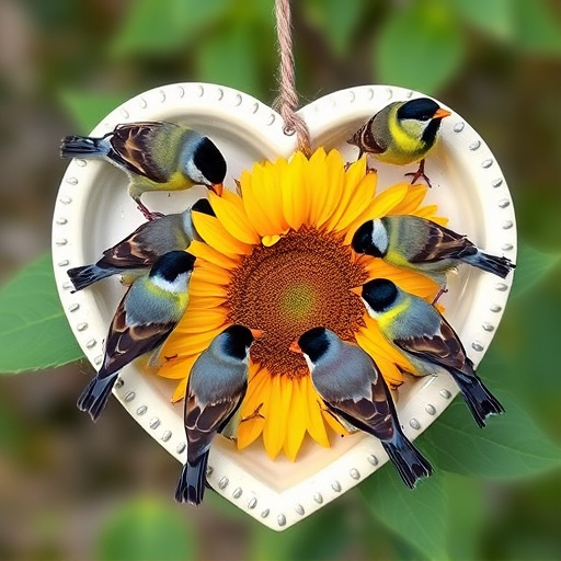 Finches gathered around sunflower heart dish