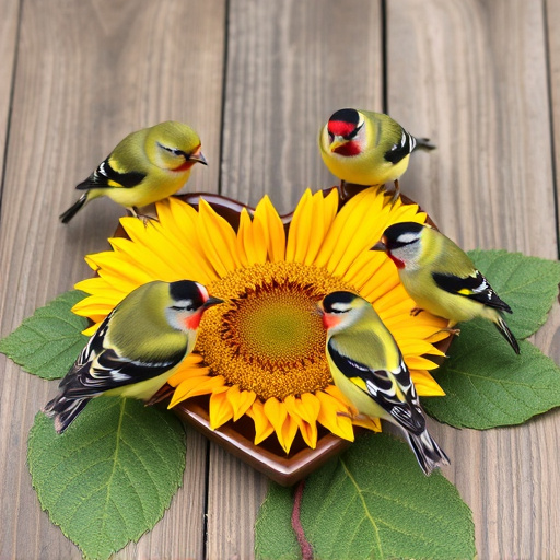 Finches gathered around sunflower heart dish