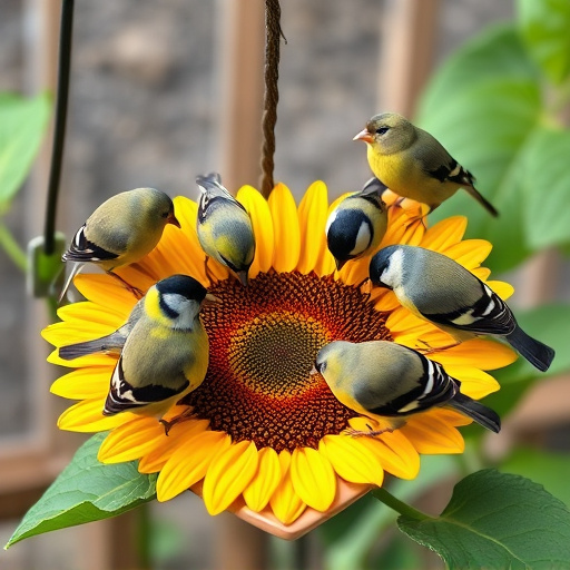 Finches gathered around sunflower heart dish