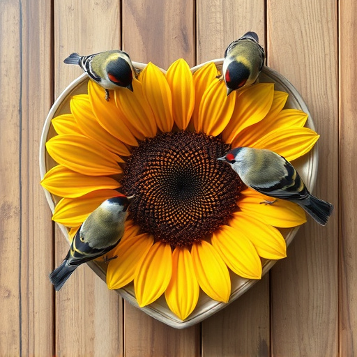 Finches gathered around sunflower heart dish