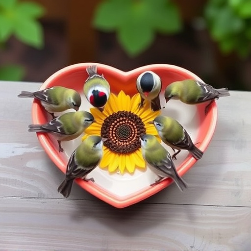 Finches gathered around sunflower heart dish