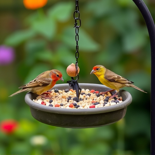 Garden birds feeding on seed tray