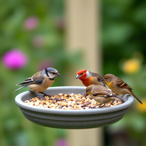 Garden birds feeding on seed tray