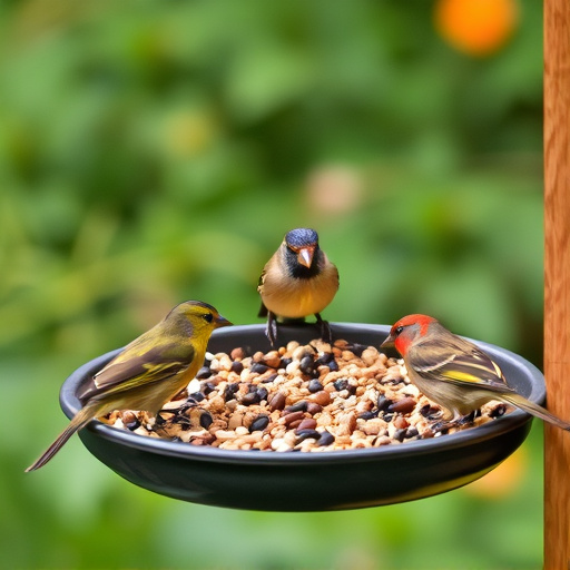 Garden birds feeding on seed tray