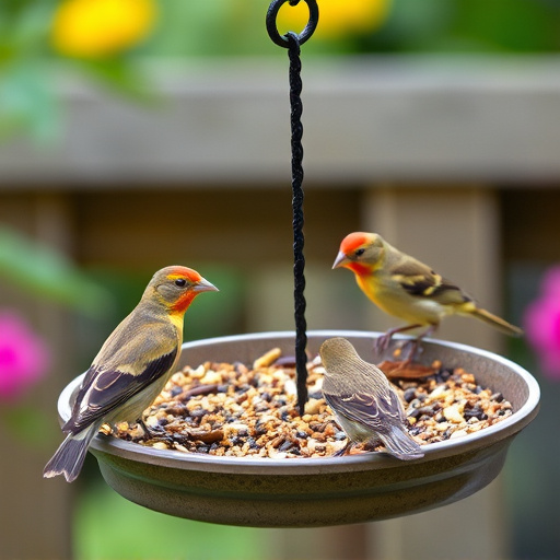 Garden birds feeding on seed tray
