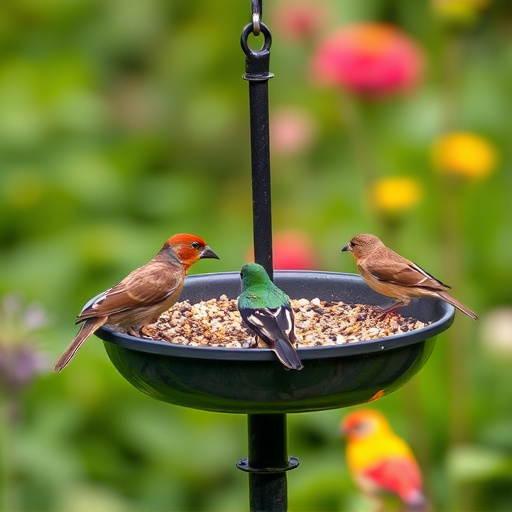 Garden birds feeding on seed tray