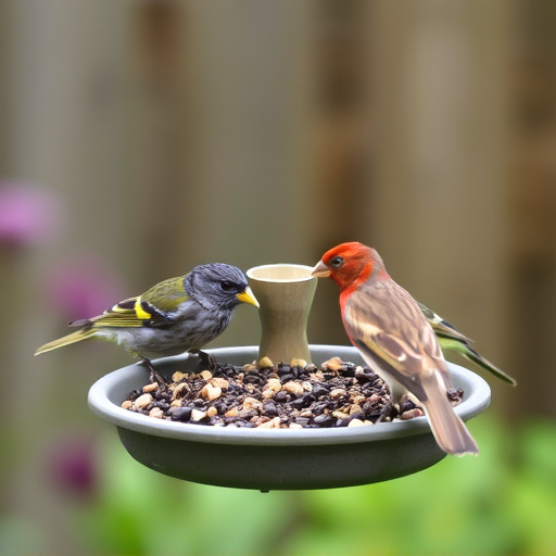 Garden birds feeding on seed tray