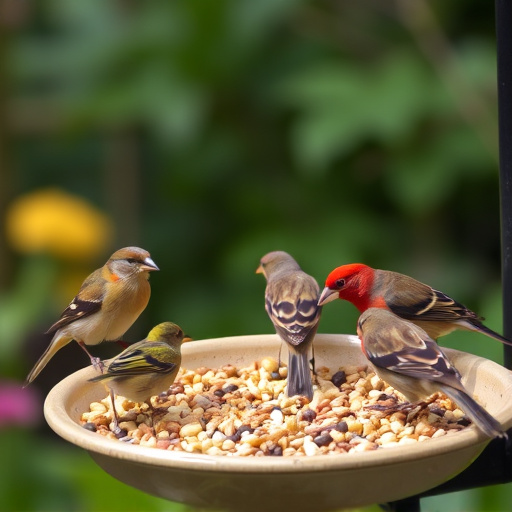 Garden birds feeding on seed tray