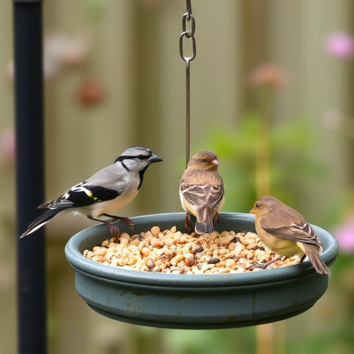 Garden birds feeding on seed tray