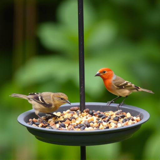 Garden birds feeding on seed tray