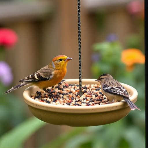 Garden birds feeding on seed tray