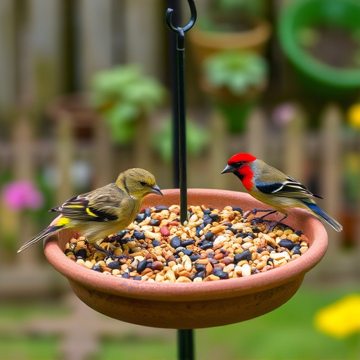 Garden birds feeding on seed tray