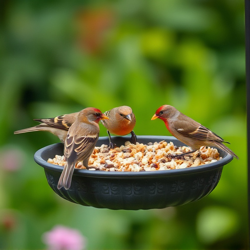 Garden birds feeding on seed tray