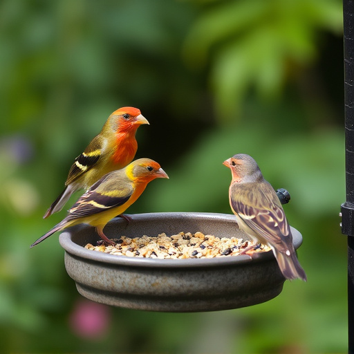 Garden birds feeding on seed tray