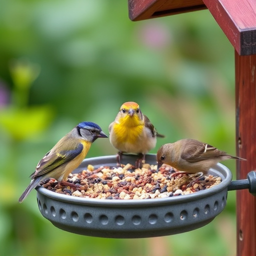 Garden birds feeding on seed tray
