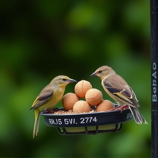 Garden birds sharing fat balls in feeder