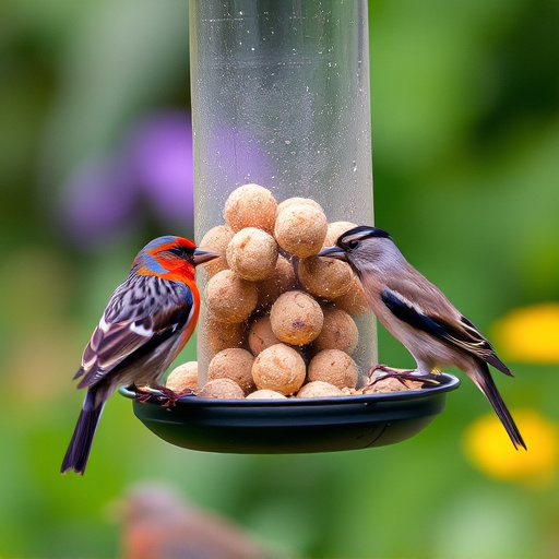 Garden birds sharing fat balls in feeder