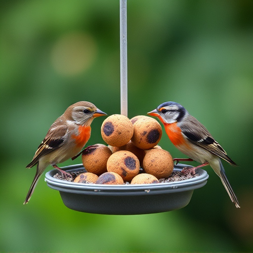 Garden birds sharing fat balls in feeder